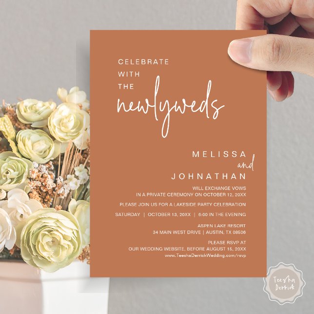 Convite Celebrar Com Os Novos Casos, Janto De Casamento (Celebrate with the newlyweds, Modern wedding elopement dinner invitation card, PDF, in copper rust)