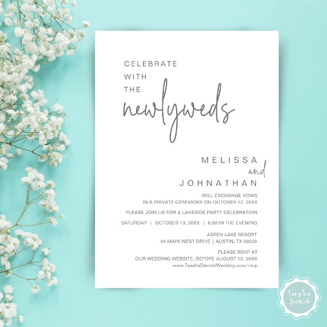 Convite Celebrar Com Os Novos Casos, Janto De Casamento (Celebrate with the newlyweds, Modern wedding elopement dinner invitation card, PDF, in dark grey)