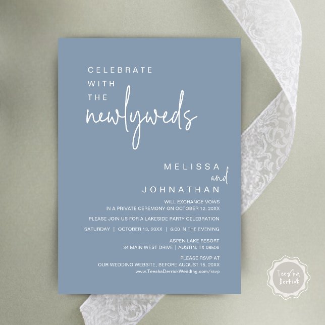 Convite Celebrar Com Os Recém-Casados, Festa de casamento (Celebrate With The Newlyweds, Modern Wedding Party Invitation Card, PDF, in Dusty Blue)