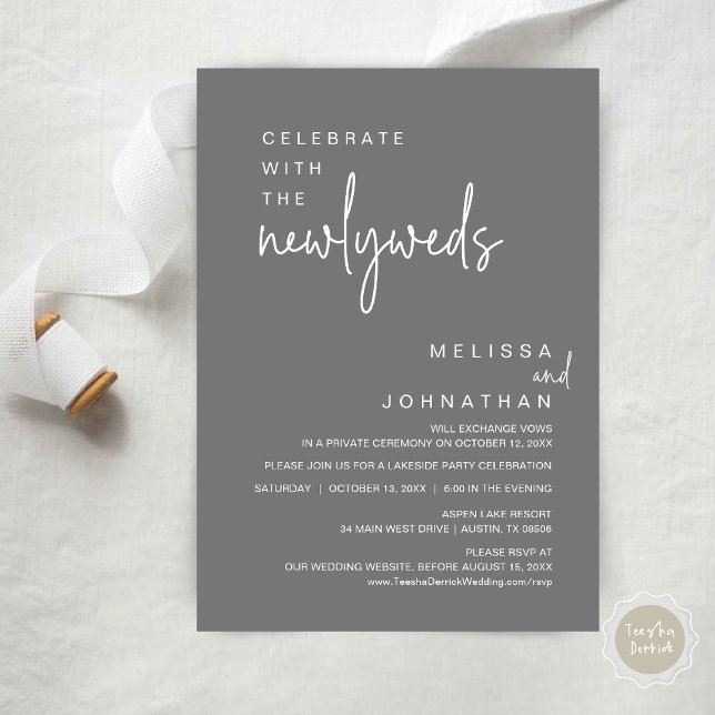 Convite Celebrar Com Os Recém-Casados, Festa de casamento (Celebrate With The Newlyweds, Modern Wedding Party Invitation Card, PDF, in Dark Grey )