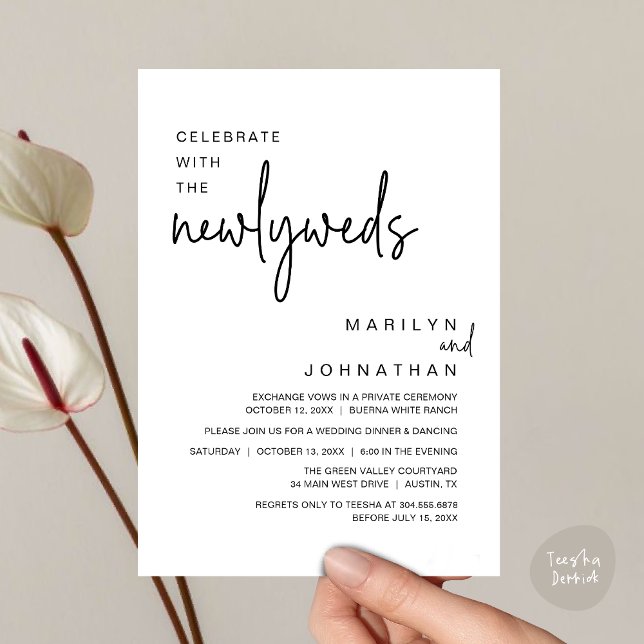 Convite Celebrar Com Os Recém-Casados, Festa De Janto De C (Celebrate With The Newlyweds, Modern Clean Wedding Dinner Party Invitation Card PDF White Black)