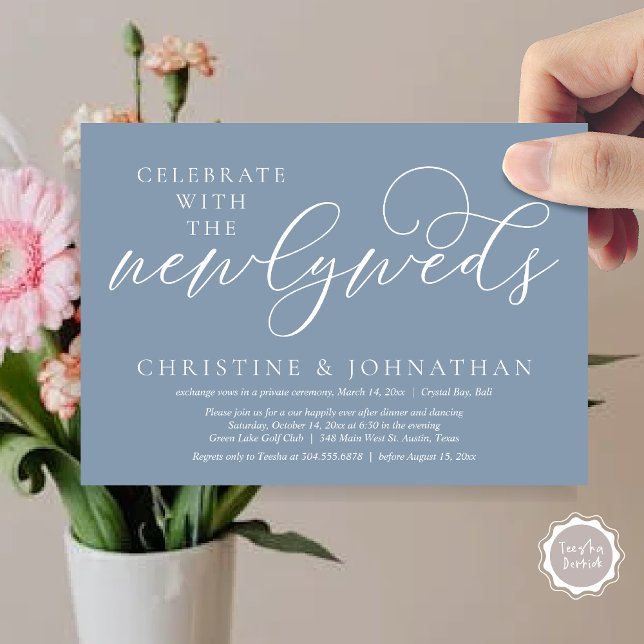 Convite Celebrar com os recém-casados, Janto Casamento (Celebrate with the newlyweds, Wedding Dinner Invitation Card, PDF, Modern Romantic in Dusty Blue)