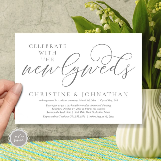 Convite Celebrar com os recém-casados, Janto Casamento (Celebrate with the newlyweds, Wedding Dinner Invitation Card, PDF, Modern Romantic in Dark Grey)