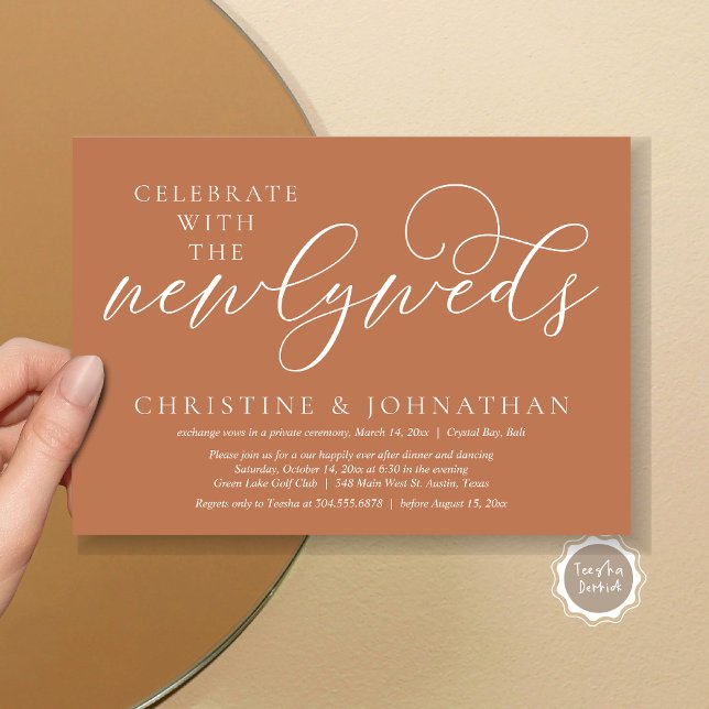 Convite Celebrar com os recém-casados, Janto Casamento (Celebrate with the newlyweds, Wedding Dinner Invitation Card, PDF, Modern Romantic in Copper Brown)