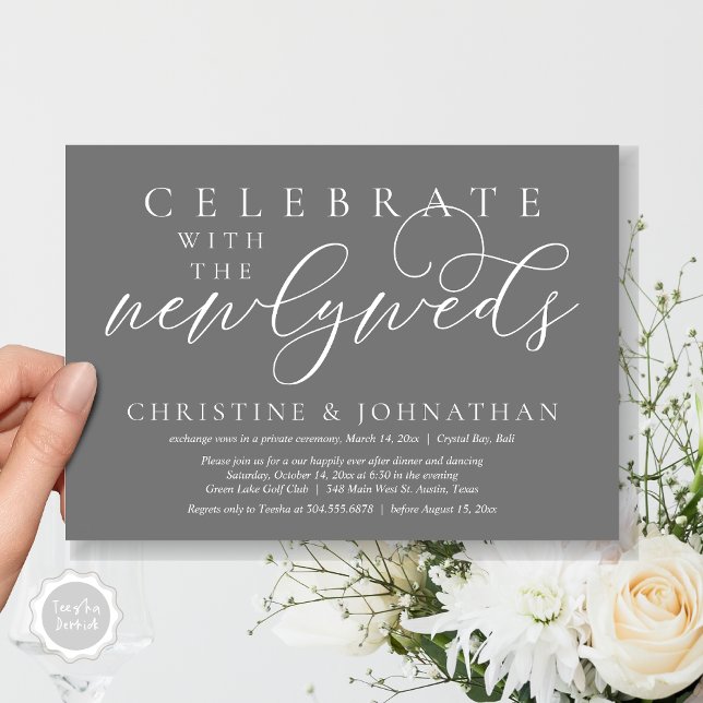Convite Celebrar com os recém-casados, Janto Casamento (Celebrate with the newlyweds, Wedding Dinner Invitation Card, PDF, Modern Romantic in Dark Grey)
