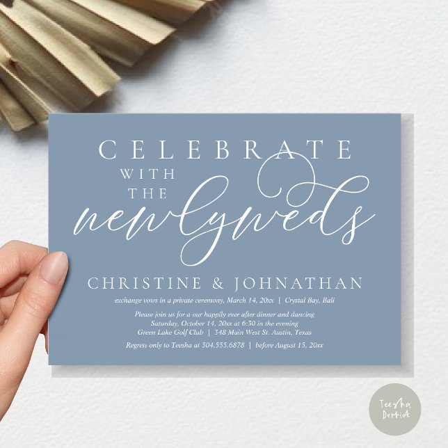 Convite Celebrar com os recém-casados, Janto Casamento (Celebrate with the newlyweds, Wedding Dinner Invitation Card, PDF, Modern Romantic in Dusty Blue)