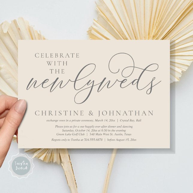 Convite Celebrar com os recém-casados, Janto Casamento (Celebrate with the newlyweds, Wedding Dinner Invitation Card, PDF, Modern Romantic in Cream Grey)