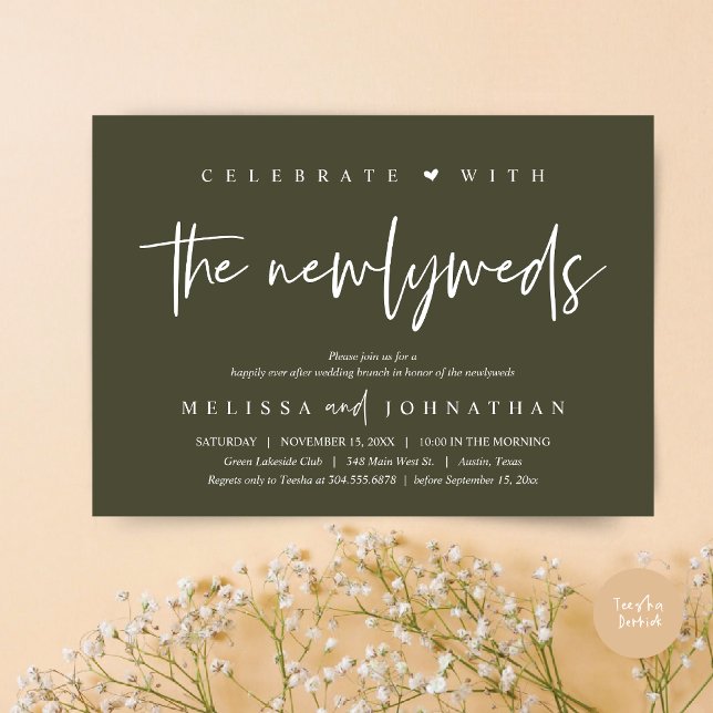 Convite Celebrar com os recém-casados, Wedding Brunch (Celebrate with the Newlyweds, Wedding Brunch Invitation Card, PDF, in modern olive green)