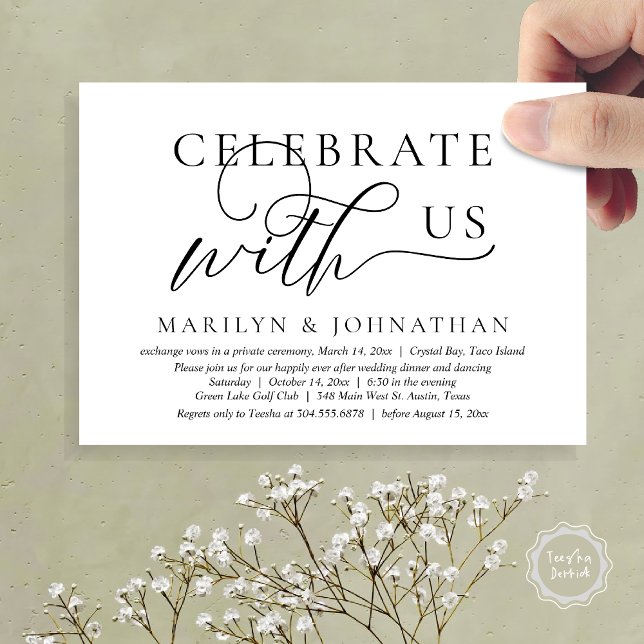 Convite Celebrar conosco a dança do Janto Elopement de Cas (Celebrate with us Wedding Elopement Dinner Dancing Invitation Card, PDF, Black White)