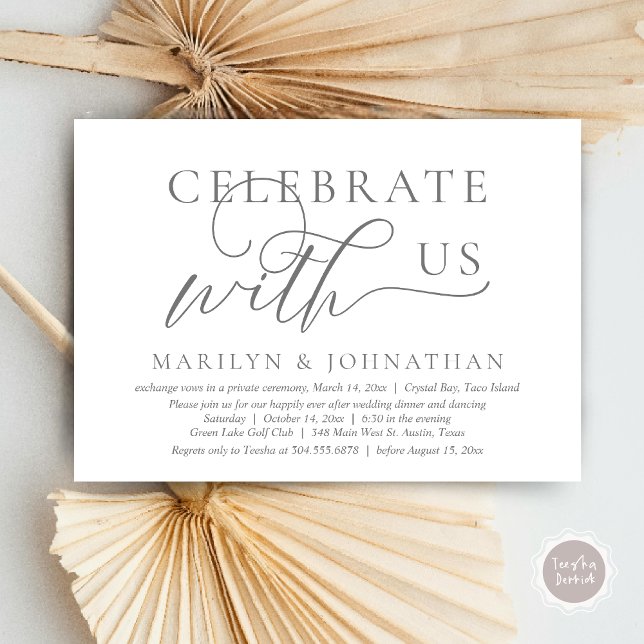 Convite Celebrar conosco a dança do Janto Elopement de Cas (Celebrate with us Wedding Elopement Dinner Dancing Invitation Card, PDF, Dark Grey)