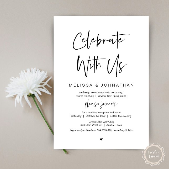 Convite Celebrar conosco, Black, Elopement de Casamento (Celebrate with us, modern wedding elopement dinner invitation card, pdf, in black and white)