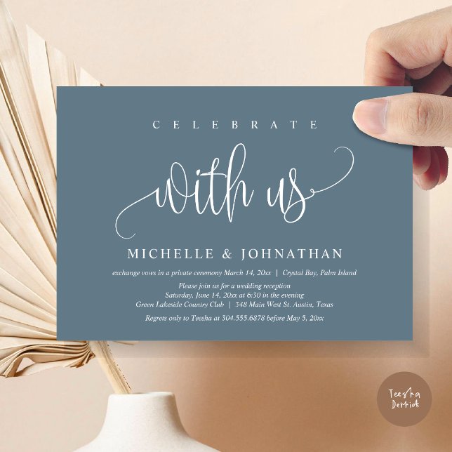 Convite Celebrar Conosco, Celebração Do Elopemento De Casa (Celebrate with us, Modern Wedding Elopement Dinner Party Invitation Card, PDF, in Dusty Blue)