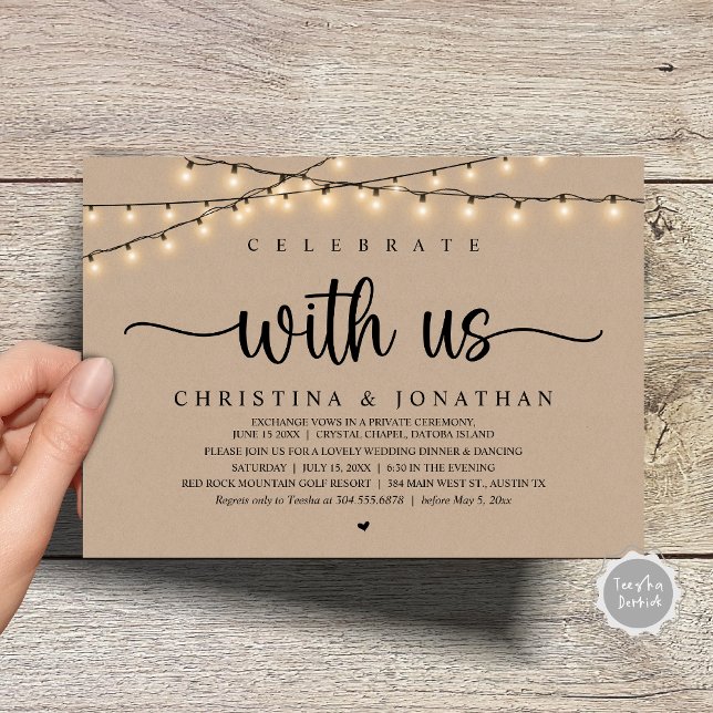 Convite Celebrar conosco, Elopemento Jante de Casamento Ru (Celebrate with us, Rustic Wedding Dinner Elopement Invitation Card, PDF, String Lights Brown Kraft)