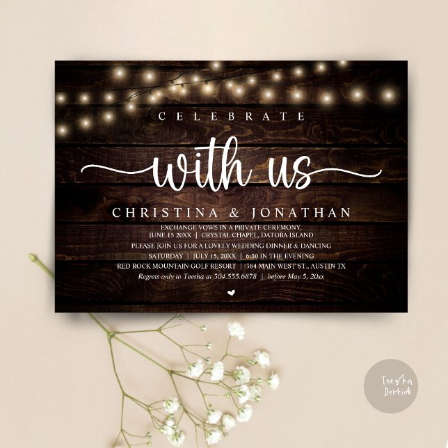 Convite Celebrar conosco, Elopemento Jante de Casamento Ru (Celebrate with us, Rustic Wedding Dinner Elopement Invitation card, pdf, in cottage dark wood)