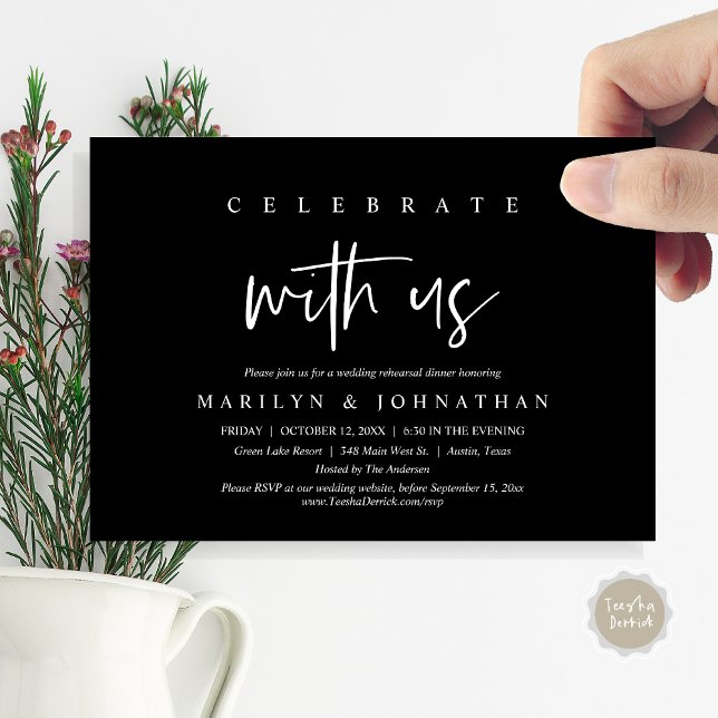Convite Celebrar Conosco, Festa de Ensaio De Casamento (Celebrate with us, Wedding Rehearsal Dinner Party Invitation Card, PDF, Modern Casual, Classy Black)