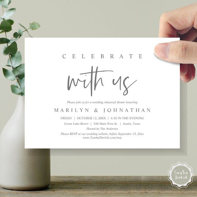 Convite Celebrar Conosco, Festa de Ensaio De Casamento (Celebrate with us, Wedding Rehearsal Dinner Party Invitation Card, PDF, Modern Casual, Dark Grey)