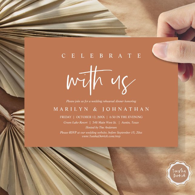 Convite Celebrar Conosco, Festa de Ensaio De Casamento (Celebrate with us, Wedding Rehearsal Dinner Party Invitation Card, PDF, Modern Casual, Copper Rust)