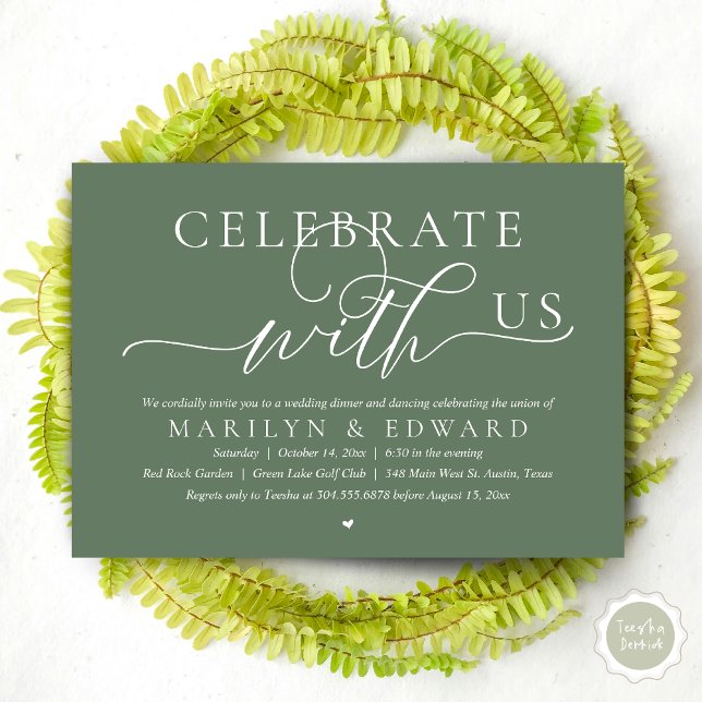 Convite Celebrar conosco, Janto de Elopemento de Casamento (Celebrate with us, Modern Romantic Wedding Elopement Dinner Invitation Card, PDF, in Sage Green)