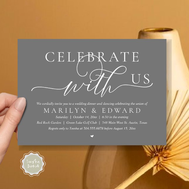 Convite Celebrar conosco, Janto de Elopemento de Casamento (Celebrate with us, Modern Romantic Wedding Elopement Dinner Invitation Card, PDF, in Dark Grey)