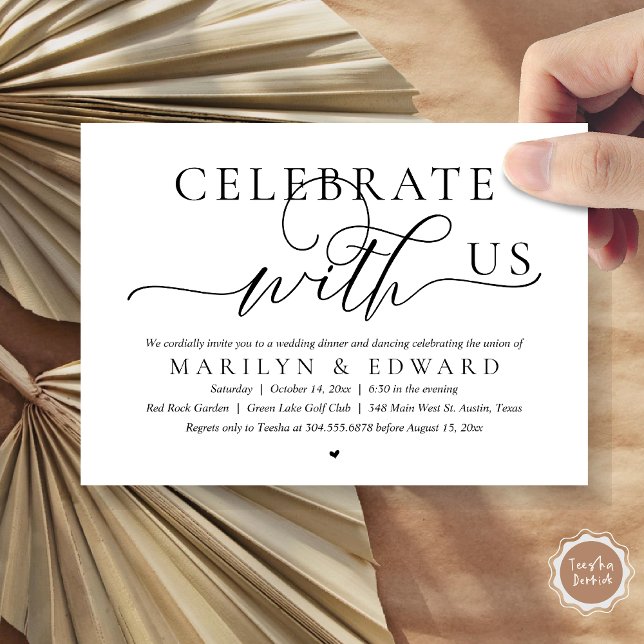 Convite Celebrar conosco, Janto de Elopemento de Casamento (Celebrate with us, Modern Romantic Wedding Elopement Dinner Invitation Card, PDF, in Black and White)