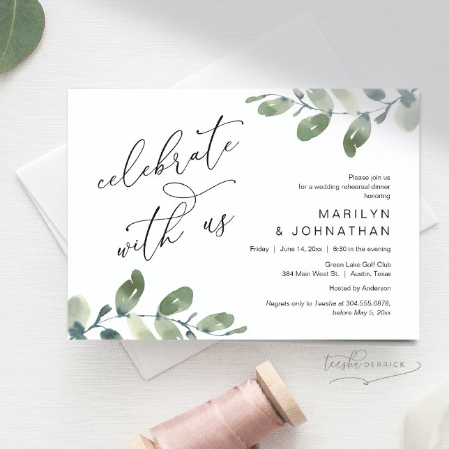 Convite Celebrar conosco, Janto de ensaio de casamento (Celebrate with us, Wedding Rehearsal Dinner Invitation Card, Downloadable, Greenery Eucalyptus theme)