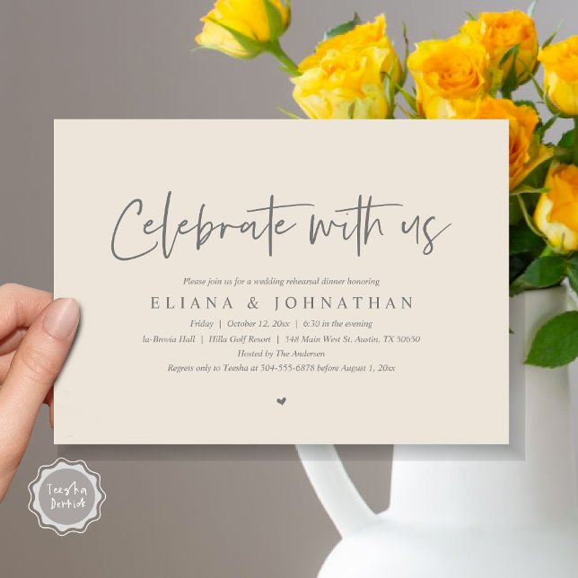 Convite Celebrar conosco, Janto de ensaio de casamento (Celebrate with us, Wedding Rehearsal Dinner Party Invitation Card, PDF, Modern Casual, in Grey Cream)