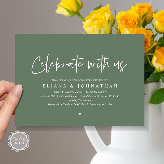 Convite Celebrar conosco, Janto de ensaio de casamento (Celebrate with us, Wedding Rehearsal Dinner Party Invitation Card, PDF, Modern, Forest Sage Green)