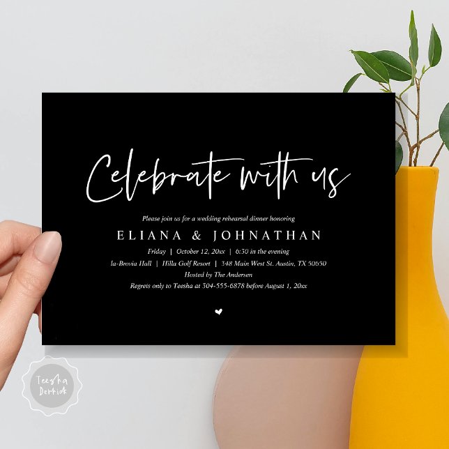 Convite Celebrar conosco, Janto de ensaio de casamento (Celebrate with us, Wedding Rehearsal Dinner Party Invitation Card, PDF, Modern Casual, in Black)