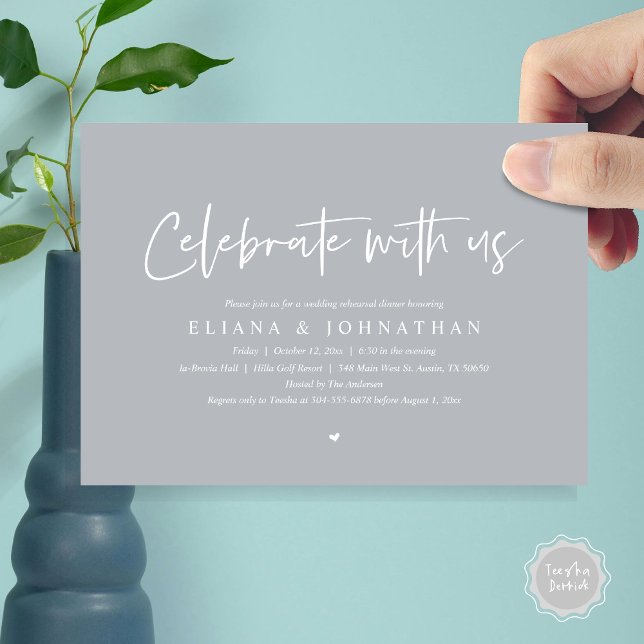 Convite Celebrar conosco, Janto de ensaio de casamento (Celebrate with us, Wedding Rehearsal Dinner Party Invitation Card, PDF, Modern Casual, in Chill Grey)