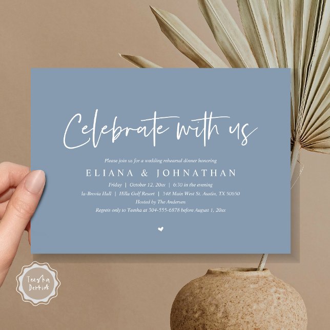 Convite Celebrar conosco, Janto de ensaio de casamento (Celebrate with us, Wedding Rehearsal Dinner Party Invitation Card, PDF, Modern Casual, in Dusty Blue)