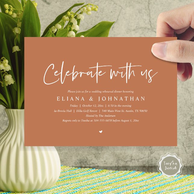 Convite Celebrar conosco, Janto de ensaio de casamento (Celebrate with us, Wedding Rehearsal Dinner Party Invitation Card, PDF, Modern Casual, in Copper)