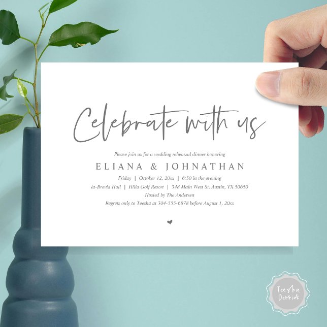 Convite Celebrar conosco, Janto de ensaio de casamento (Celebrate with us, Wedding Rehearsal Dinner Party Invitation Card, PDF, Modern Casual, in Dark Grey)