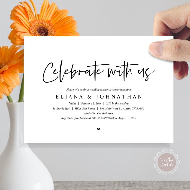 Convite Celebrar conosco, Janto de ensaio de casamento (Celebrate with us, Wedding Rehearsal Dinner Invitation Card, PDF, Modern, in Black and White)