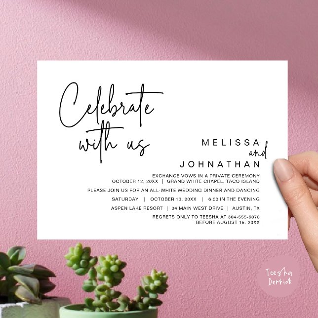 Convite Celebrar conosco, Janto Moderno de Elopemento de C (Celebrate with us, Modern Wedding Elopement Dinner Invitation Card, Brunch, Lunch PDF, White Black)