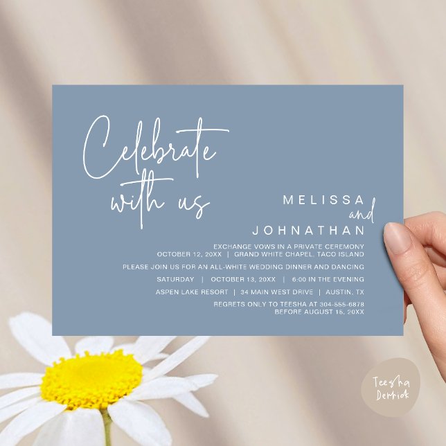 Convite Celebrar conosco, Janto Moderno de Elopemento de C (Celebrate with us, Modern Wedding Elopement Dinner Invitation Card, Brunch, Lunch PDF, Dusty Blue)