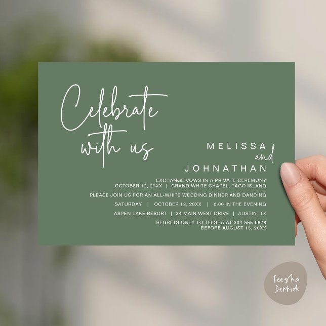 Convite Celebrar conosco, Janto Moderno de Elopemento de C (Celebrate with us, Modern Wedding Elopement Dinner Invitation Card, Brunch, Lunch PDF, Greenery Sage)