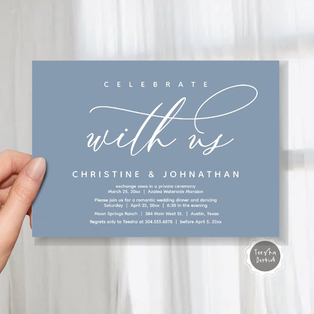 Convite Celebrar conosco, Janto Moderno de Elopemento de C (Celebrate with us, Modern Wedding Elopement Dinner Invitation Card, PDF, Modern Romantic Dusty Blue)