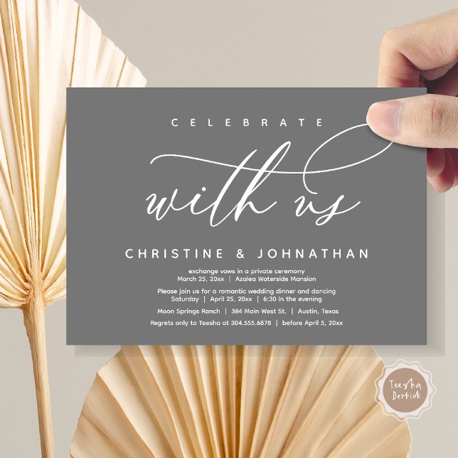 Convite Celebrar conosco, Janto Moderno de Elopemento de C (Celebrate with us, Modern Wedding Elopement Dinner Invitation Card, PDF, Modern Romantic Dark Grey)