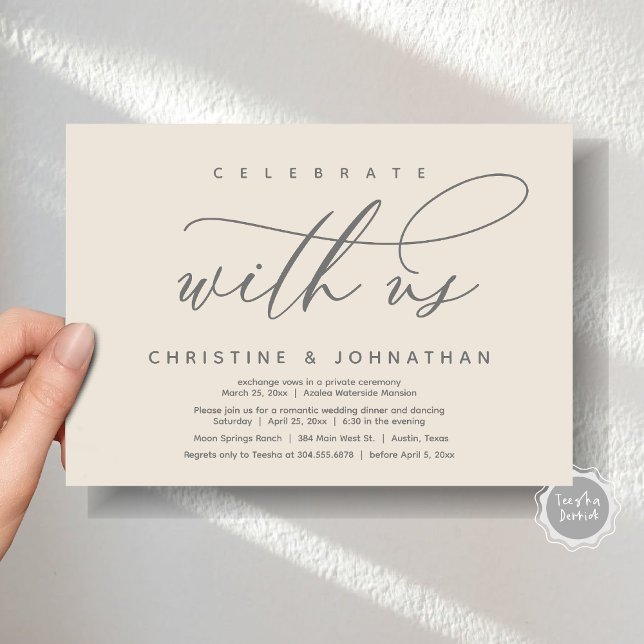 Convite Celebrar conosco, Janto Moderno de Elopemento de C (Celebrate with us, Modern Wedding Elopement Dinner Invitation Card, PDF, Modern Romantic Cream Grey)