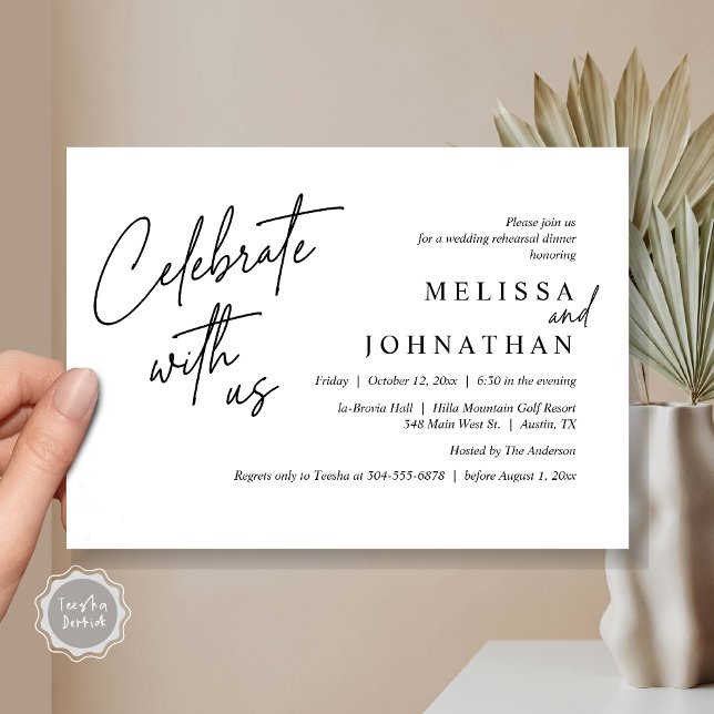 Convite Celebrar conosco, Janto moderno de ensaio de casam (Celebrate with us, Modern Wedding Rehearsal Dinner Invitation Card, PDF, in Black White)