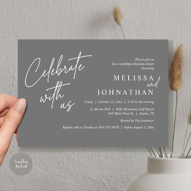 Convite Celebrar conosco, Janto moderno de ensaio de casam (Celebrate with us, Modern Wedding Rehearsal Dinner Invitation Card, PDF, in Dark Grey)