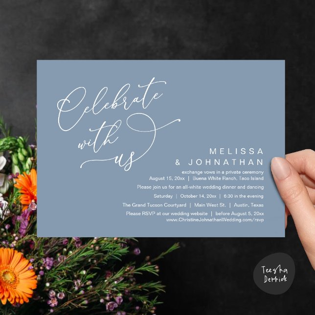 Convite Celebrar conosco, Janto Romântico de Casamento (Celebrate With Us, Romantic Wedding Dinner Party Lunch Brunch Invitation Card PDF Dusty Blue)