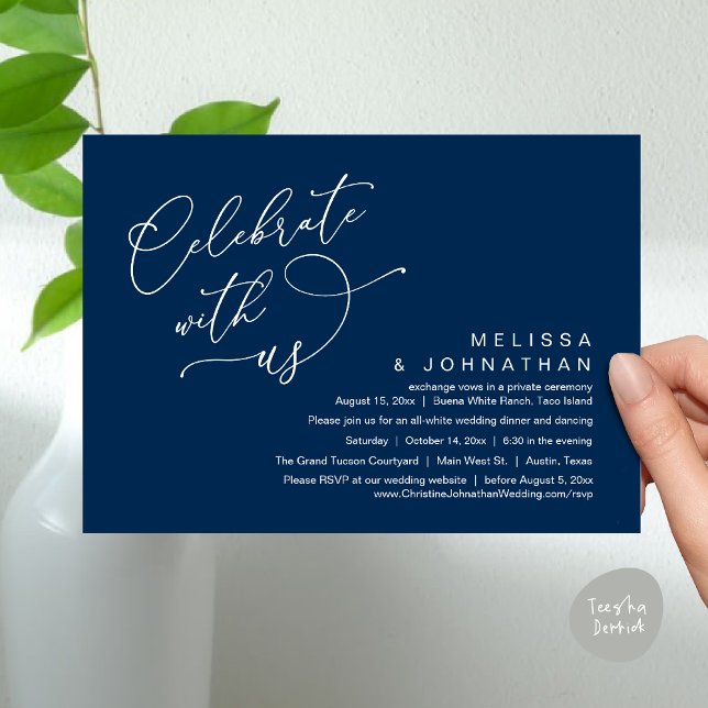 Convite Celebrar conosco, Janto Romântico de Casamento (Celebrate With Us, Romantic Wedding Dinner Party Lunch Brunch Invitation Card PDF Classy Navy Blue)