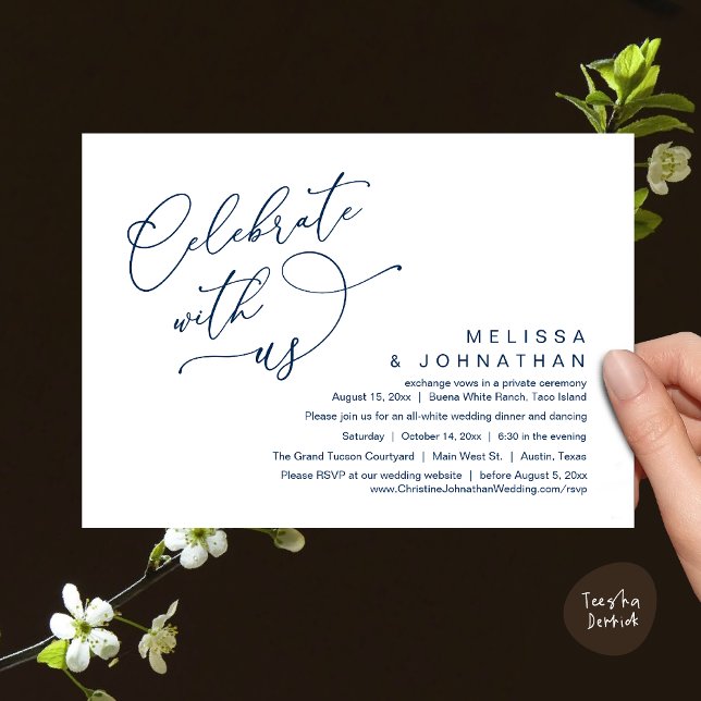 Convite Celebrar conosco, Janto Romântico de Casamento (Celebrate With Us, Romantic Wedding Dinner Party Lunch Brunch Invitation Card PDF Classy Navy Blue)
