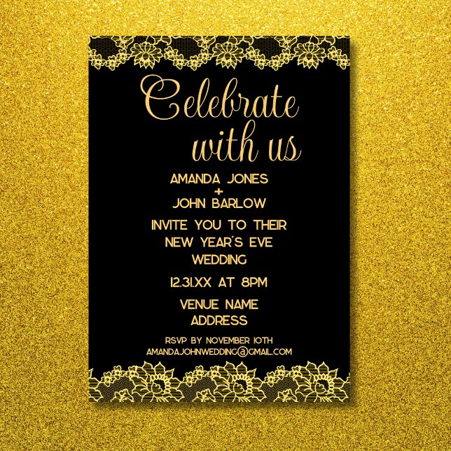 Convite Celebrar conosco o casamento Dourado de Ano Novo F (Celebrate With Us Gold Floral New Year's Wedding Invitation)