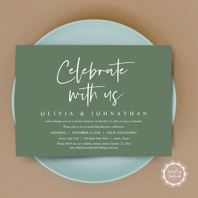 Convite Celebrar conosco, Partido do Elopemento Casual de  (Celebrate With Us, Wedding Elopement Brunch, Lunch, Dinner Party Invitation Card, PDF, Sage Green)