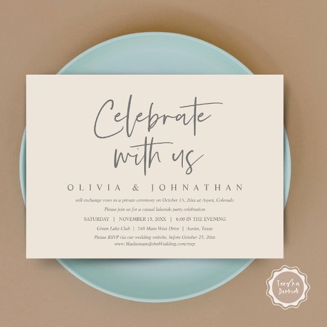 Convite Celebrar conosco, Partido do Elopemento Casual de  (Celebrate With Us, Wedding Elopement Brunch, Lunch, Dinner Party Invitation Card, PDF, Cream Grey)