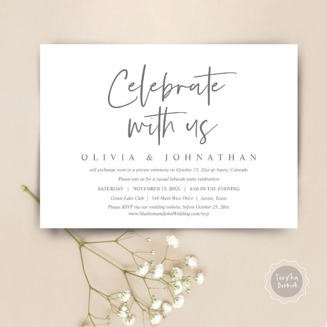 Convite Celebrar conosco, Partido do Elopemento Casual de  (Celebrate With Us, Wedding Elopement Brunch, Lunch, Dinner Party Invitation Card, PDF, dark grey)