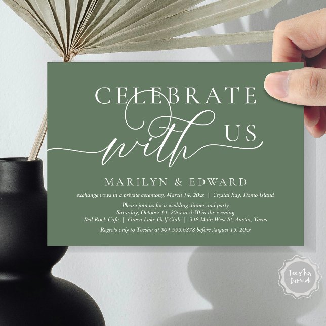 Convite Celebrar conosco, Partido do Elopemento de Casamen (Celebrate with us, Wedding Elopement Party Invitation Card, PDF, Modern Elegant, in Sage Green)