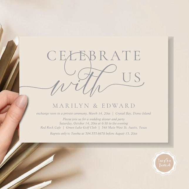 Convite Celebrar conosco, Partido do Elopemento de Casamen (Celebrate with us, Wedding Elopement Party Invitation Card, PDF, Modern Elegant, in Grey and Cream)